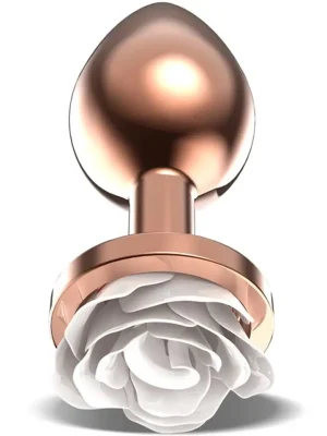 Rosegold Metal Anal Plug With White Rose Medium - Analplugg metall 0