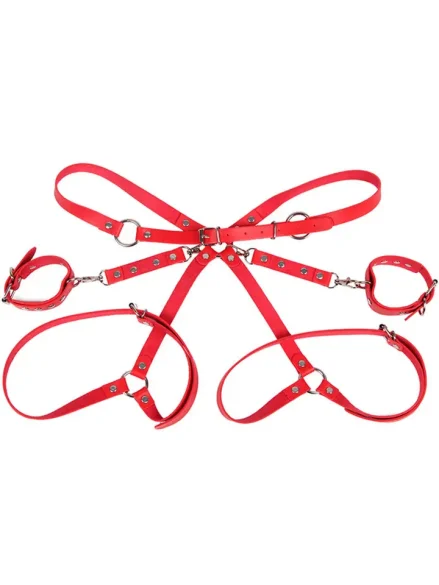 Handcuffs With Bondage Belt Red One Size - Handbojor & Lår set 0