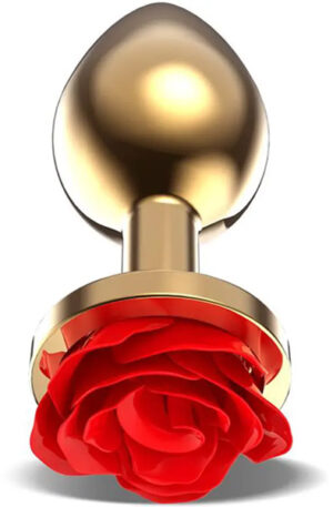 Golden Metal Anal Plug With Red Rose Small - Analplugg metall 1