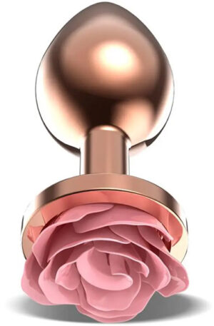 Rosegold Metal Anal Plug With Pink Rose Small - Analplugg metall 1