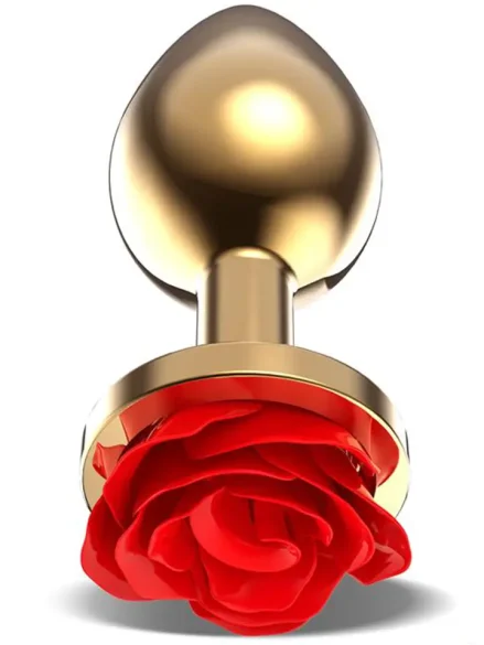 Golden Metal Anal Plug With Red Rose Medium - Analplugg metall 0